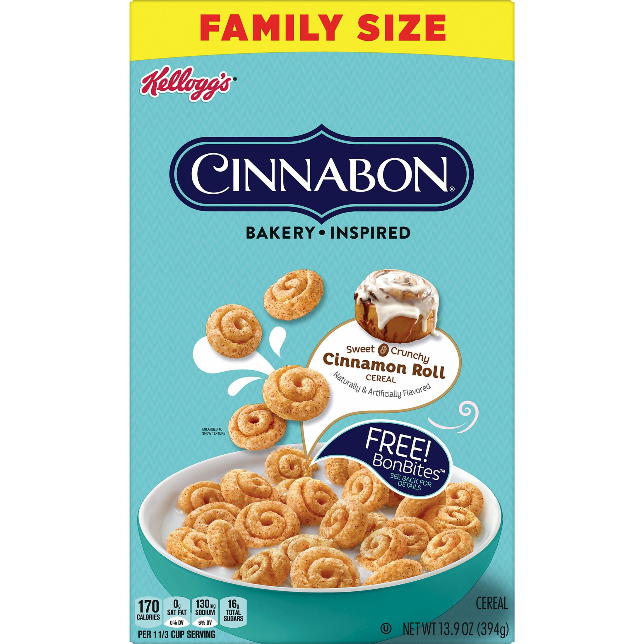 Kellogg's Cinnabon Cold Breakfast Cereal, 7 Vitamins and Minerals, Kids Snacks, Family Size, Original, 13.9oz Box (1 Box)