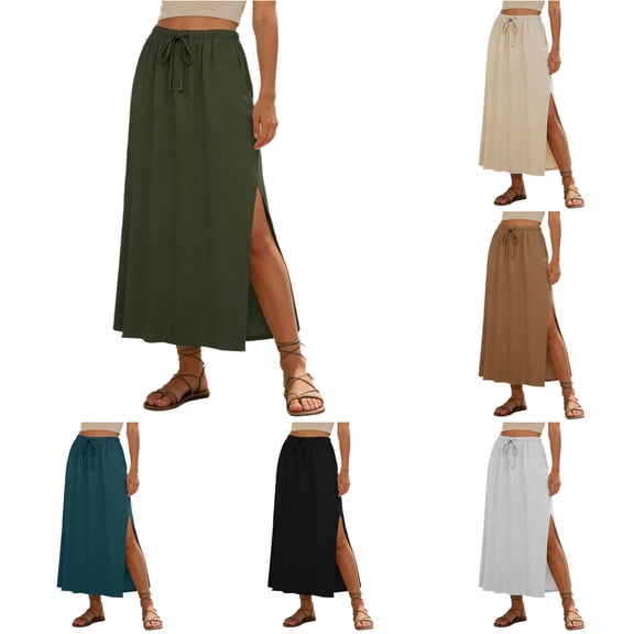 Wxolcjlv Womens Solid Side Slit Maxi Skirt Drawstring Waist Casual Travel Long Skirts