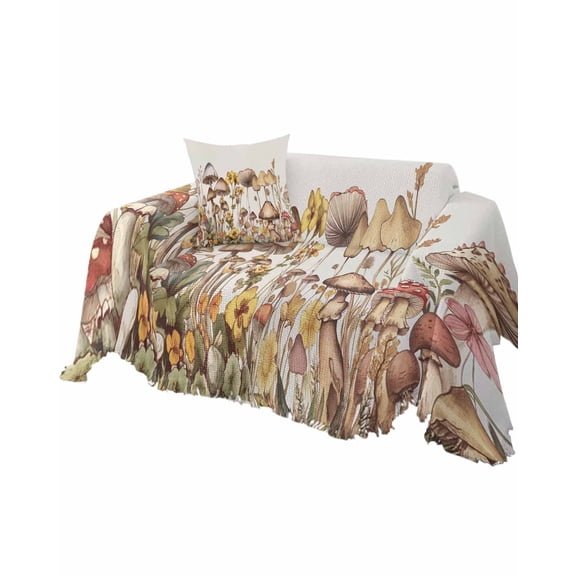Mushroom Sofa Couch Covers for Dog,Washable Sectional Couch Slipcovers for Loveseat with Tassels,Vintage Wild Botanical Flower Watercolor Non Slip Sofa Throw Cover Blanket Large 71''x102''