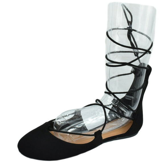 Soda Women's Shoes Ballet Flat Round Toe Lace Up Ankle Tie Gladiator style Tie Leg Design Harvest-S Black Nubuck Suede 5.5