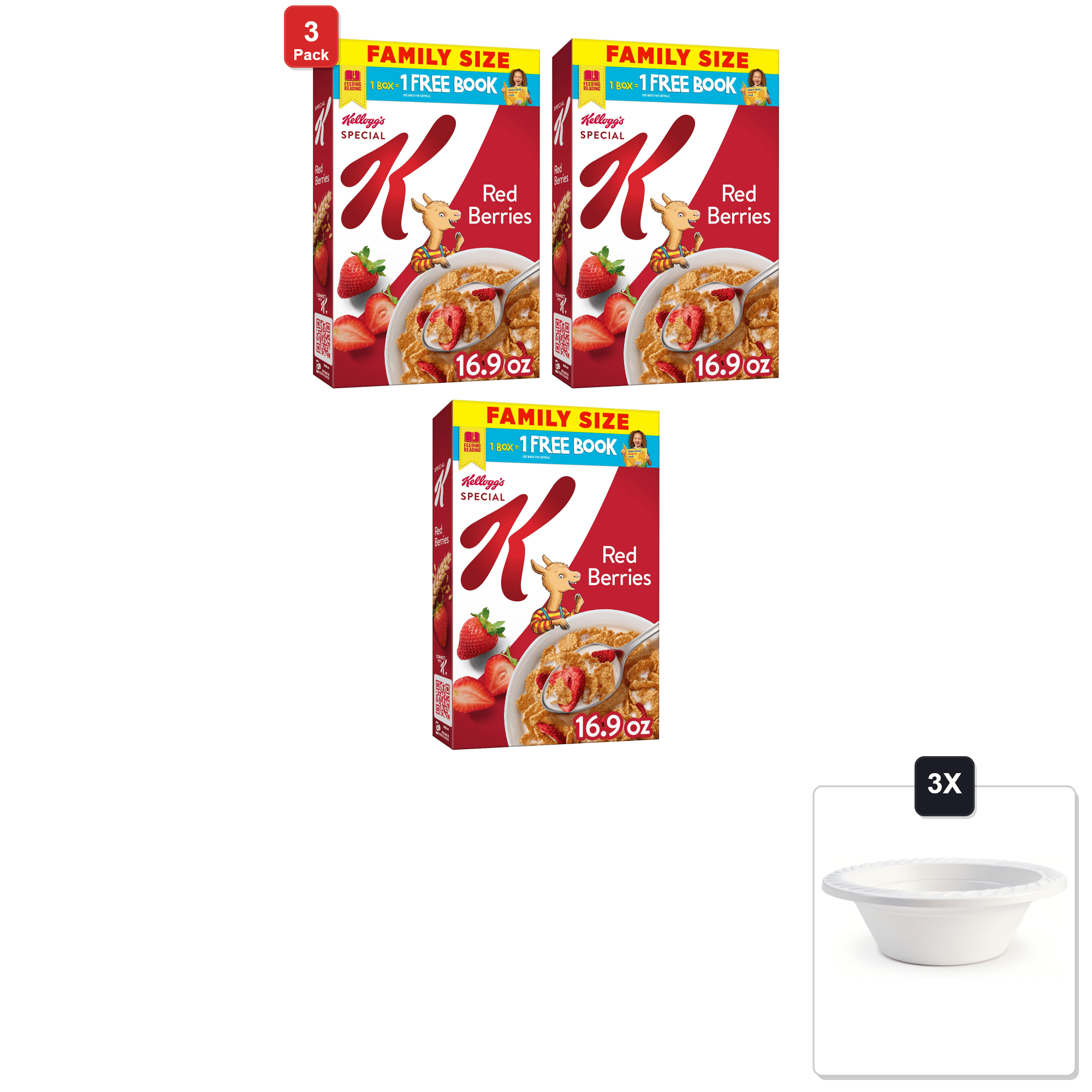 3 Pack | Special K Breakfast Cereal Red Berries, 16.9 oz & 3x 12oz Disposable Plastic Bowl