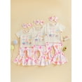 thumbnail image 3 of Toddler Baby Kids Girls Birthday Clothes Set 6 12 18 24 Months 2T 3T 4T Short Sleeve Bow Print T-Shirt with Hat Pattern Flare Pants and Headband, 3 of 9