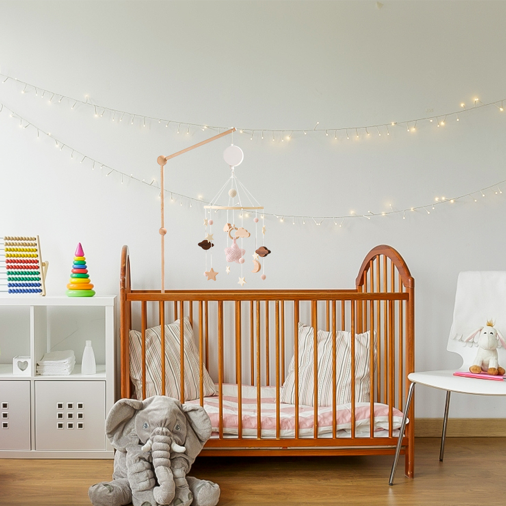 Hot Air Balloon Crib Bell – Rotating Wooden Baby Bed Bell with Stars, Moon & Cloud Pendants, Hanging Wind Chime for Newborn Nursery