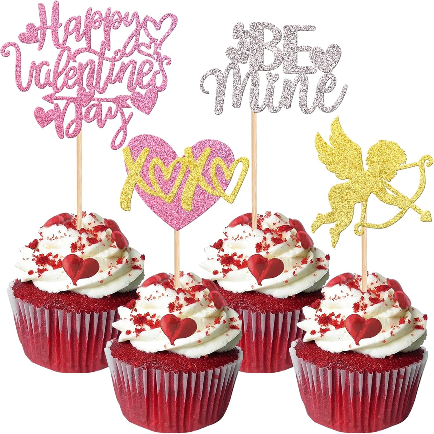 12PCS Multicolor Glitter Valentine s Day Cupcake Toppers Happy Valentine s Day/Be Mine Picks for Party Decorations