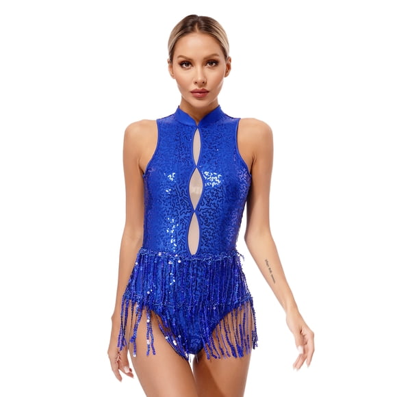 inlzdz Women's Sparkle Sequin Fringed Backless Leotard Tassel Latin Jazz Dance Costume Dress Royal Blue M