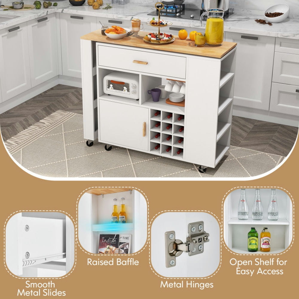 Finihen Rolling Storage Cabinet Cart, Kitchen Island Cart, Reversible Folding Kitchen Island Cart with Wine Rack and Spice Rack, for Kitchen, Dining Room, White Finihen Rolling Storage Cabinet Cart, Kitchen Island Cart, Reversible Folding Kitchen Island Cart with Wine Rack and Spice Rack, for Kitchen, Dining Room, White