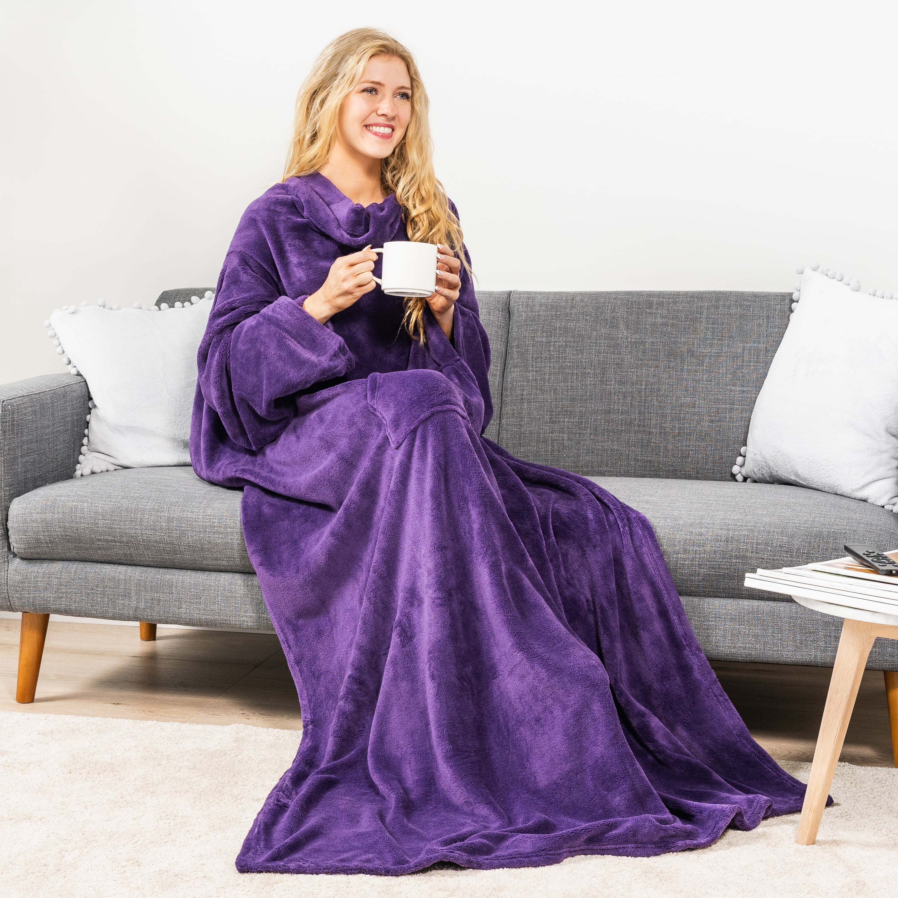 PAVILIA Wearable Blanket with Sleeves for Adult Women Men, Cozy Fleece Warm Wrap Throw Blanket with Arms, Pocket, Gifts for Christmas, Wife, Purple