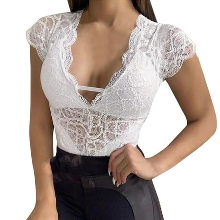 

JDEFEG Women Sleepwear Women Shirt Lace Shirt See Through Casual Slim Fit Tops Sleeve Deep V Neck Temperament Trim Plunging Neck Lace Lingerie Top Lingerie for Women Push Up White Xxxxxl