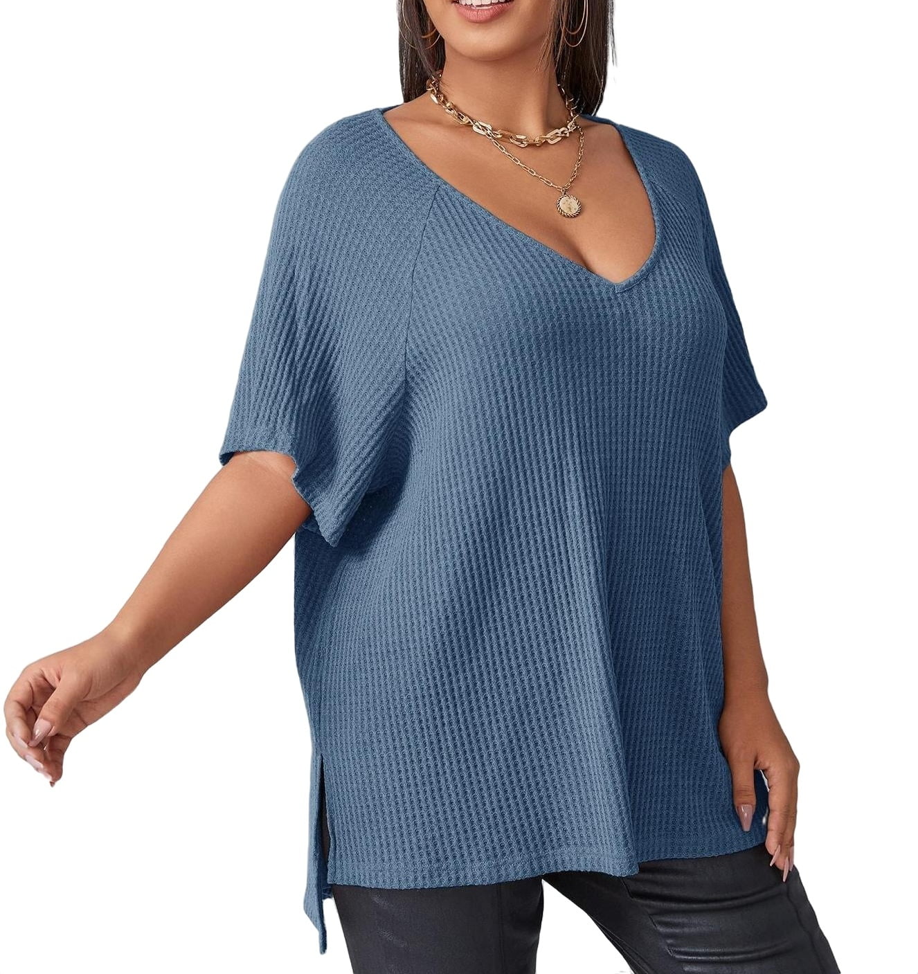 Women's Dusty Blue Plain V neck Casual Elbow-Length Plus Size T-shirts ...