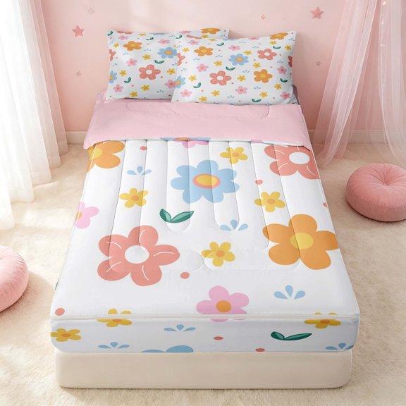 Erosebridal Cute Flower Zipper Twin Comforter Sets with Fitted Sheet and 2 Pillowcases, Kawaii Blossom Zipper Bedding Set, Pink Reversible, Pastel Multicolor, Pink Reversible