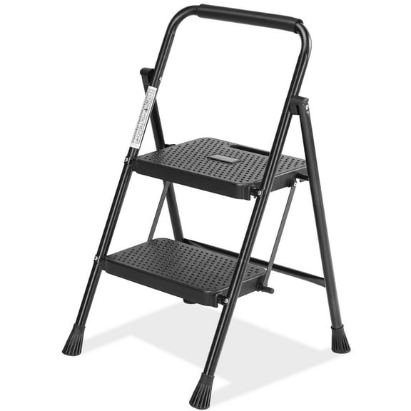 2 Step Ladder with Anti-Slip Pedal, Folding Step Stool for Home/Kitchen/Office, 800lbs Capacity,  Black