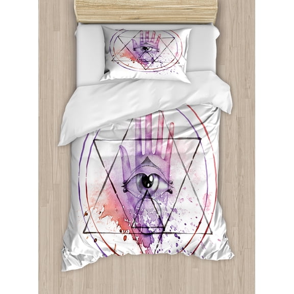 Alchemy Duvet Cover Set Twin Size, Watercolor Design All Seeing Eye Hand in Circle Triangles Star Grunge Paint Art, Decorative 2 Piece Bedding Set with 1 Pillow Sham, Multicolor, by Ambesonne