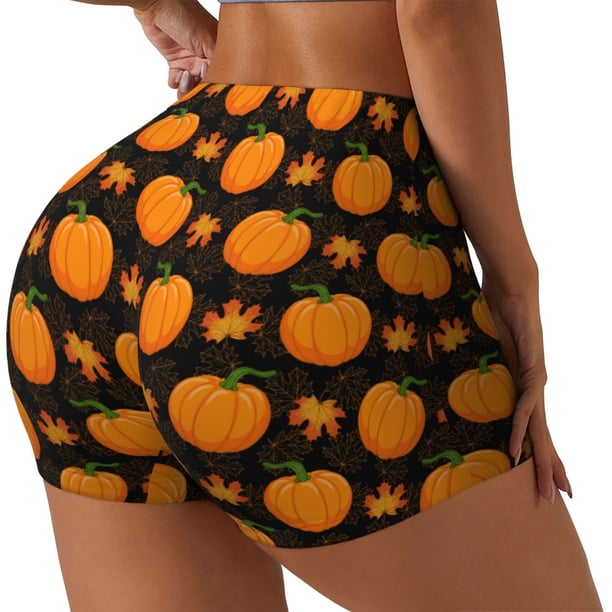 Fotbe Orange Pumpkin And Autumn Maple Shorts Sin Costuras – Shorts Deportivos de Cintura Alta para Mujer, Elásticos para Gimnasio, Yoga, Running o Ciclismo-Medium