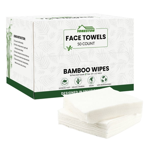 Yoneston Disposable Face Towels, 10" x 12" Biodegradable Large Face Skin Clean Washcloth for Sensitive Skin, Makeup Remover, Facial Cleansing, Nursing, Travel, 50 Count (1 Pack)