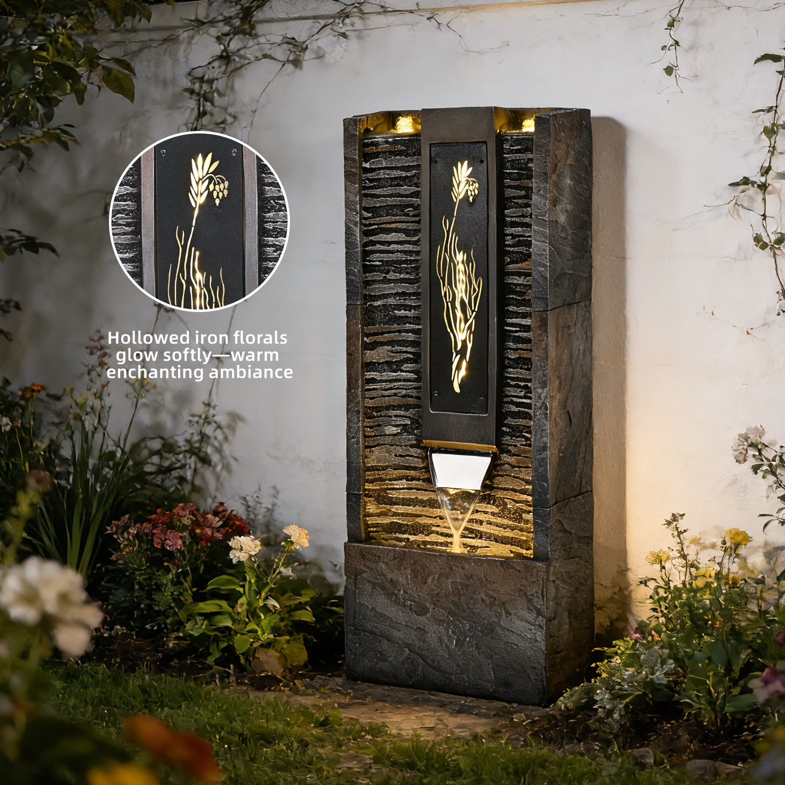 39in.Modern Outdoor Fountain ,Resin Water Feature, Indoor Outdoor Garden Waterfall Fountain