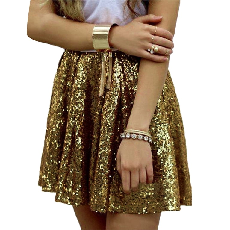 Letdown Women's Sequin Pleated Skirt High Waist Sparkly Midi Skirt with Back Zipper Party Evening Skirt, Size: 2XL, Beige