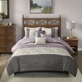 thumbnail image 2 of Madison Park Queen Faux Silk Comforter Set with Decor Pillow and Bed Skirt Embroidered Pieced 7-Piece Bedding Set, Purple, 2 of 11