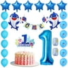 Party Supply Baby Shark 1st Birthday Decoration for Boy, Blue Baby Shark & Number 1 Foil Balloons, 1st Cake Topper, "ONE" Birthday
