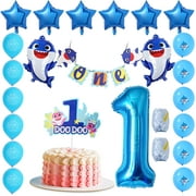 Party Supply Baby Shark 1st Birthday Decoration for Boy, Blue Baby Shark & Number 1 Foil Balloons, 1st Cake Topper, "ONE" Birthday Banner for Baby Shark First Birthday Party