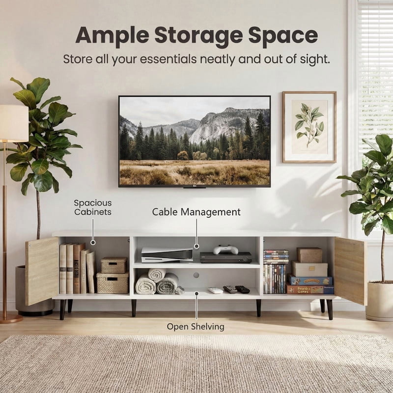 Homall 63'' Mid-Century Modern TV Stand for TVs up to 70 Inches, Wood Entertainment Center with Storage Cabinets & Open Shelves, TV Console Table for Living Room,White