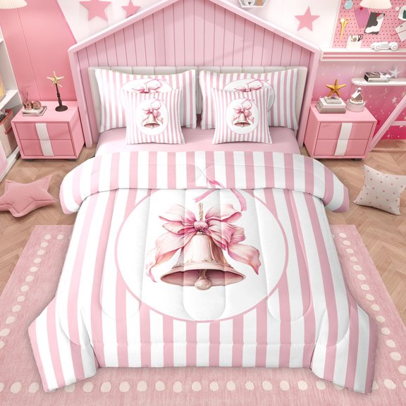 Homewish Girly Xmas Bell Twin Bedding Sets 7-Piece for Girl, Kawaii Christmas Ribbon Bedding Comforter Set, Chic Stripe Abstract Reversible Sheet Sets, Ultra Soft Bedroom Decor