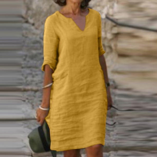 ICHUANYI Clearance Fashion Women Casual Sexy Round Neck Printing Summer 1/2Sleeve Dress(Yellow, S) ICHUANYI WER2023080702836