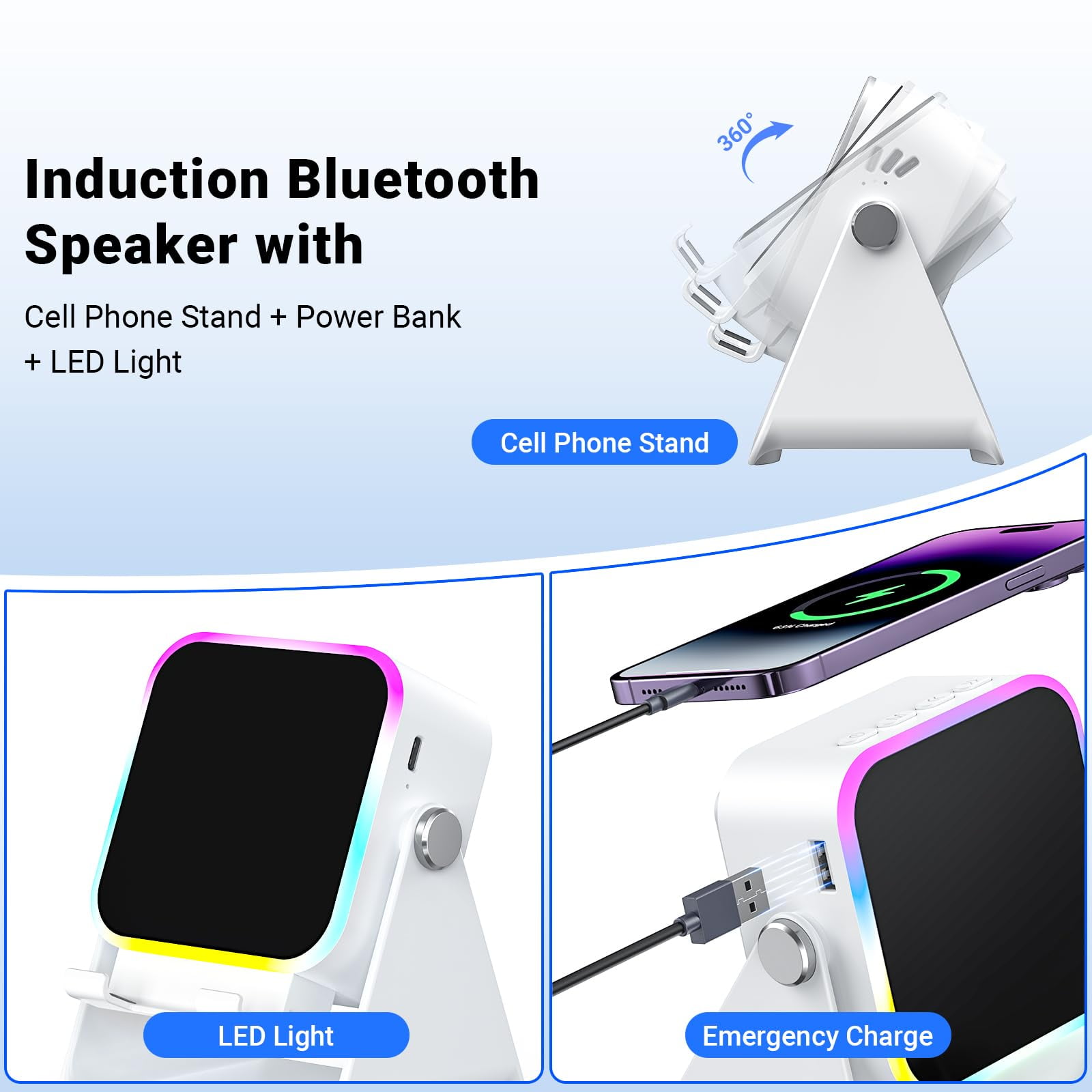 5-in-1 Wireless Induction Speaker with Phone Stand, Bluetooth Audio Amplifier with Colorful LED Light, Rechargeable Music Speaker for iPhone & Android, Ideal Birthday Gift for Men, Women(White)
