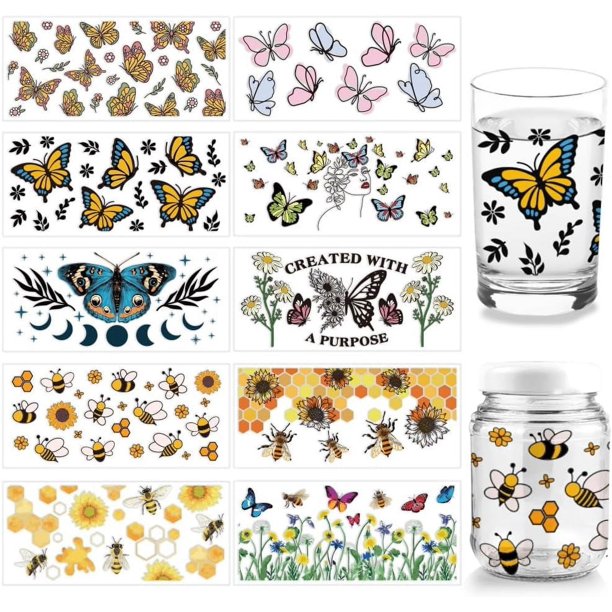 10 piezas de 10 estilos de pegatinas de transferencia de vasos, papel de transferencia de insectos, pegatinas de mariposas, pegatinas UV DTF, pegatinas de envoltura de vasos de PVC de abejas,