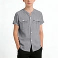thumbnail image 3 of Ugoldhm Boys' Mandarin Collar Short Sleeve Shirt Linen Blend Chest Pockets Casual Button-Down Top (5-15 Years Old), 3 of 7