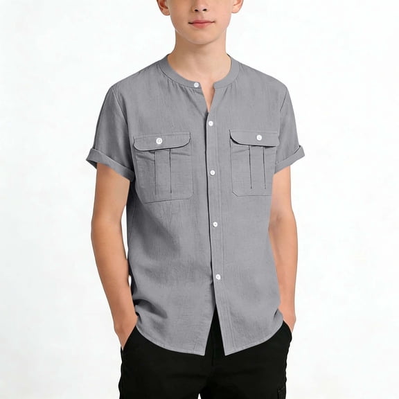 Gray Boys' Cotton Short Sleeve Button Up Shirt | Kids Casual Camp Shirt with Pockets | Relaxed Fit Summer Shirt,Size 11-12 T