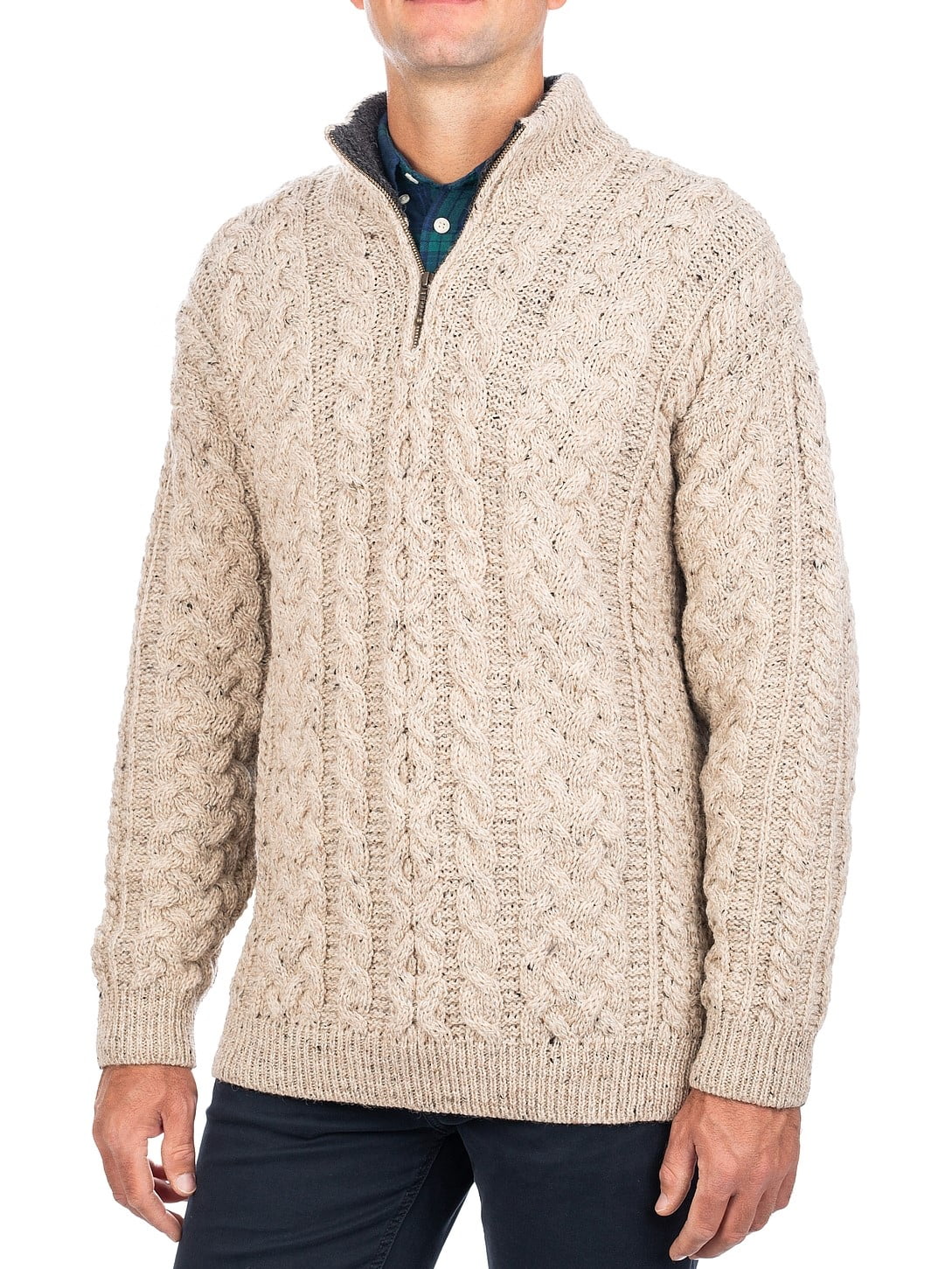 SAOL Aran Quarter Zip Cardigan Sweater 100% Soft Worsted Wool Pullover ...