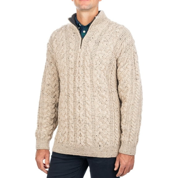 SAOL Aran Quarter Zip Cardigan Sweater 100% Soft Worsted Wool Pullover for Men Made in Ireland | Irish Cable Knitted Skiddaw Jumper