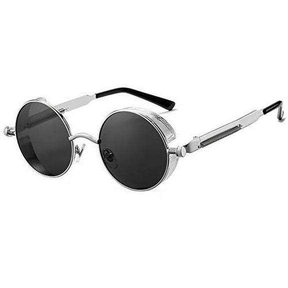 Vintage Round Steampunk Sunglasses for Women Men Retro Hippie Style Sun Glasses Circle Metal Frame(Black Lens/Silver Frame)