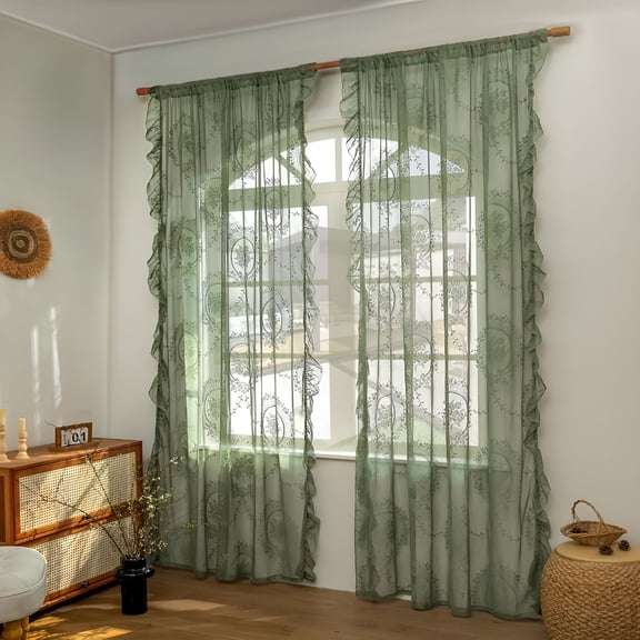 AUQ Sage Green Lace Sheer Curtains Long Boho Floral Embroidery Curtains 2 Panel Set Rod Pocket Light Filtering Sheers for Bedroom/Living Room Bedroom Curtains 2 Panel Sets