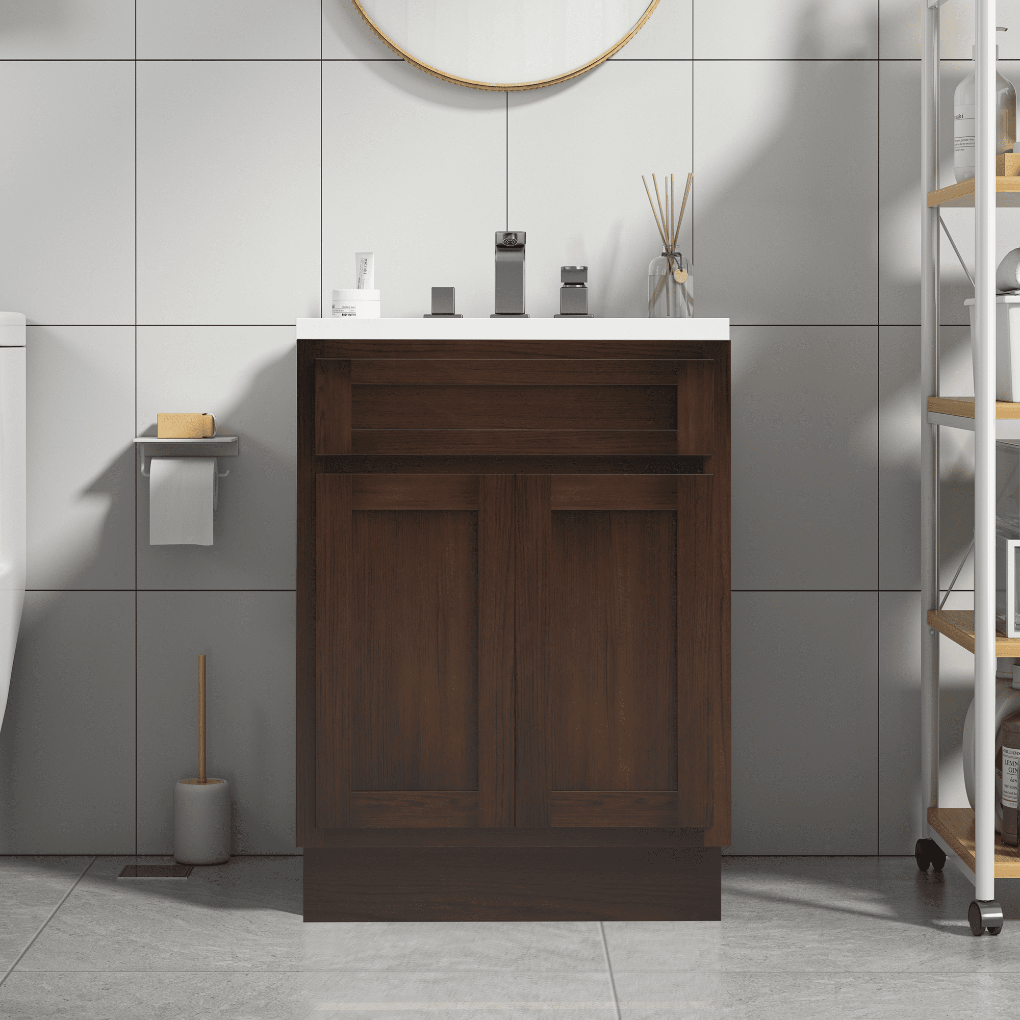 Vanity Art 24 Inch LED Lighted Wall Mount Bathroom Vanity – White Stone Top, Soft-Close Drawers, Sensor Mirror Light