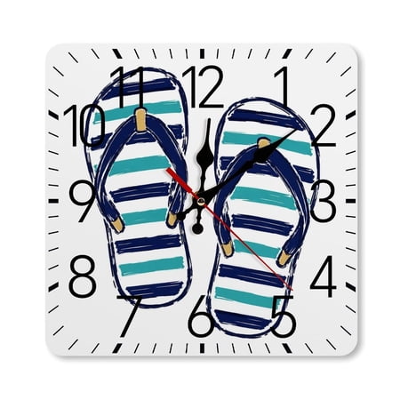 RKSupls 10×10inch Square Silent Wall Clock Wooden Frame, Striped Flip Flops Illustration Scale Decorative Clock for Home Bedroom Living Room Office
