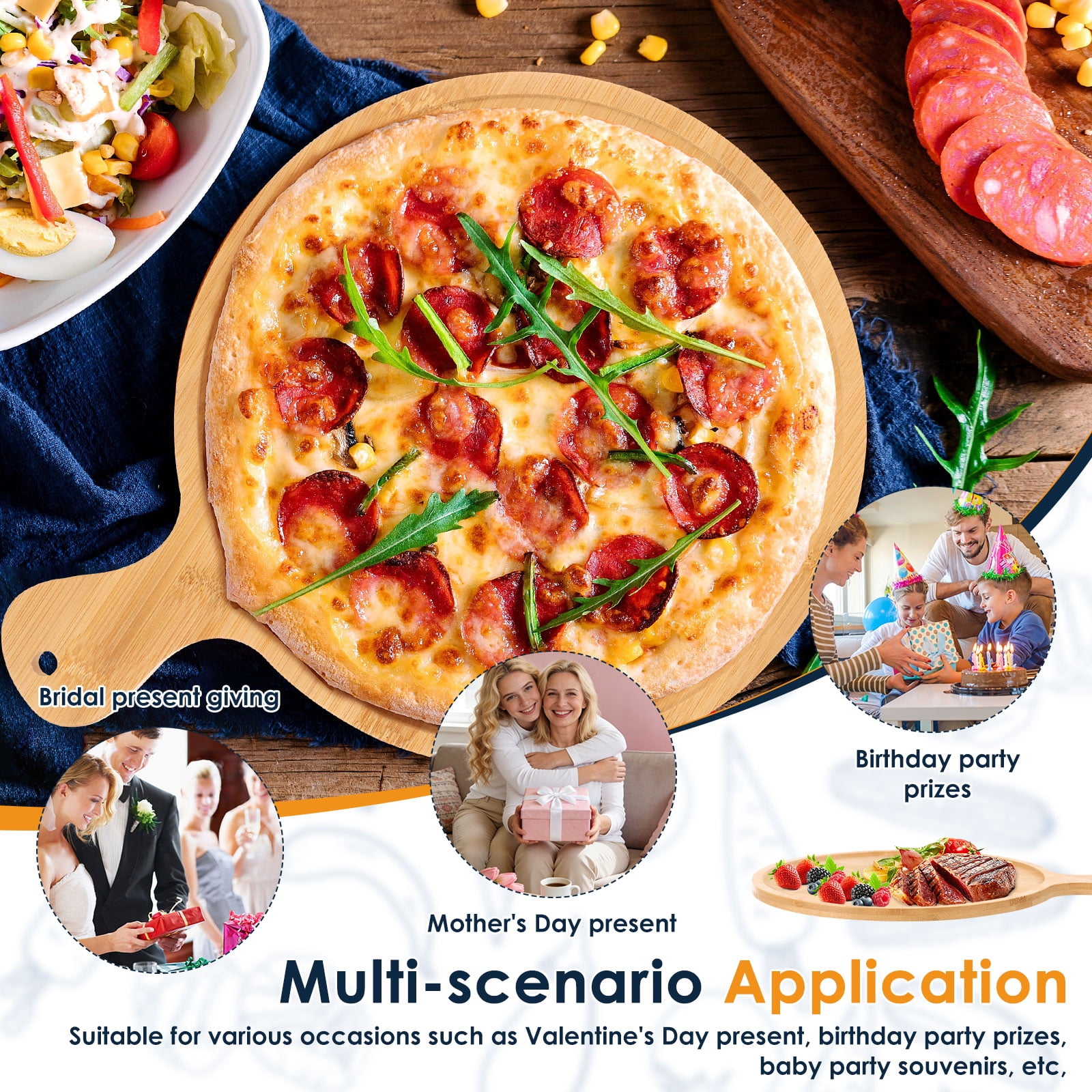 2Pcs Pizza Board with Handle Bamboo Round Cutting Board for Kitchen Pizza&nbsp;Cheese Baking Bread&nbsp;Steak Fruit Dinner Serving Tray for Daily Gathering Wedding Baby Shower