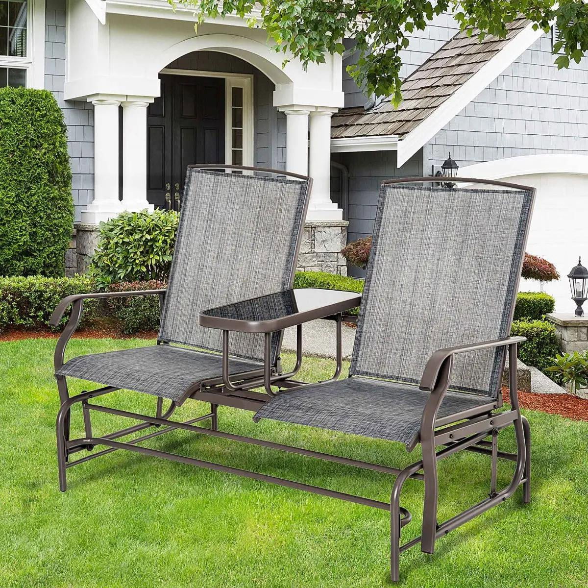 Resenkos 2-Person Outdoor Swing Set, Central Table & Solo Seats, Max 352 lbs Capacity, Comfortable Loveseat with Breathable Fabric, Gray