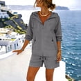thumbnail image 4 of Cagogo Women Plus Size 2 Piece Shorts Set V Neck Long Sleeve Jacket Casual Lounge Matching Set Loose Solid Vacation Cruise Outfits Airport Travel Clothes, Gray S, 4 of 6
