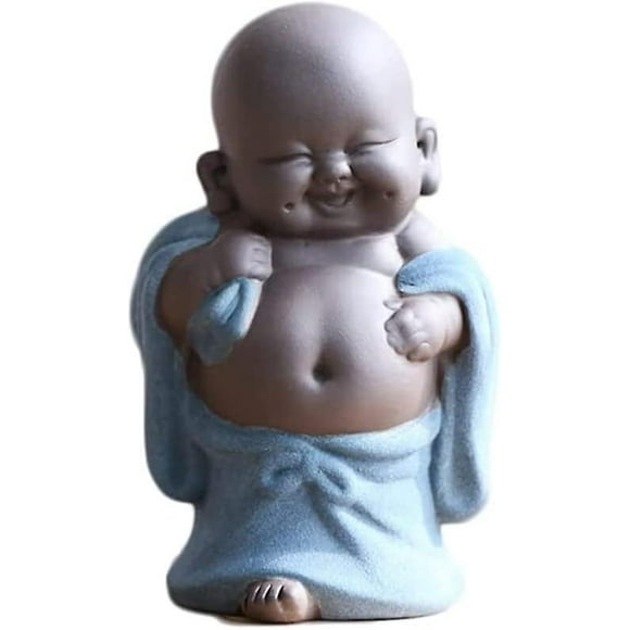 Ornamental Tea Sculpture, Ceramic Buddha Statue, Laughing Maitreya Buddha, Home Decor Garden Ornaments, Mini Sitting Lucky Buddha Ornaments (Blue)