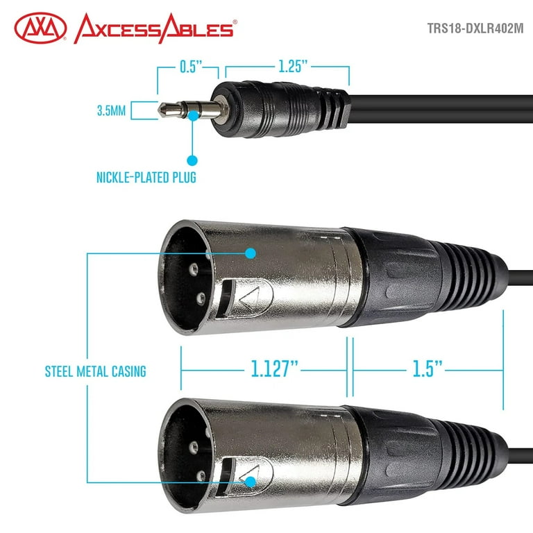 AxcessAbles TRS18-DXLR402M ⅛ (3.5mm) Stereo Minijack TRS to Dual XLR Male Audio  Cable for Phone, Laptop, Tablet, MP3 Player Patch to Mixing Console or  Powered Speaker (6.5ft) 2-Pack 