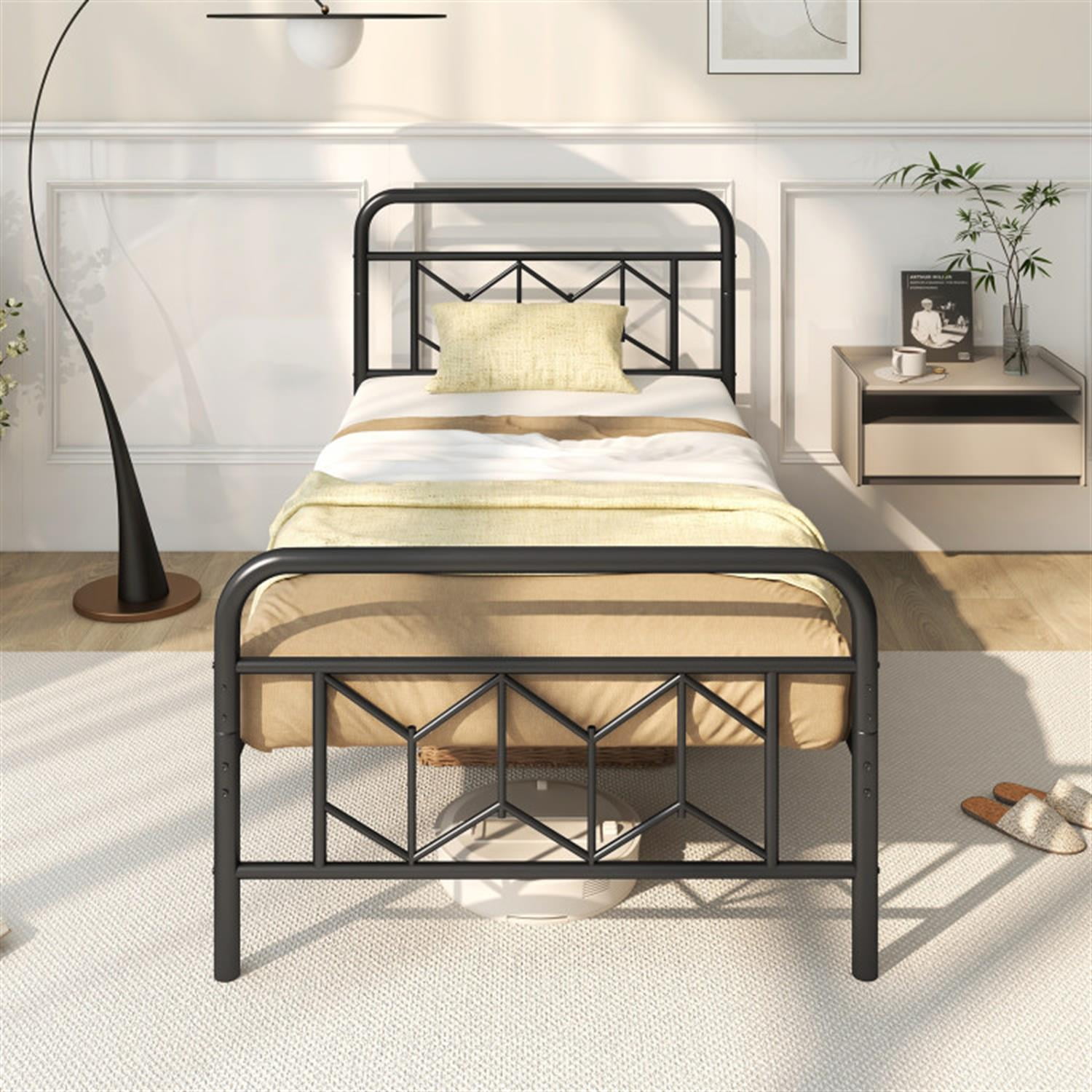 Demi Bonn Twin Size Bed Frame with High Headboard and Snap Lock Metal Slats, Platform Bed Frame with Under Bed Storage, No Box Spring Needed, Black