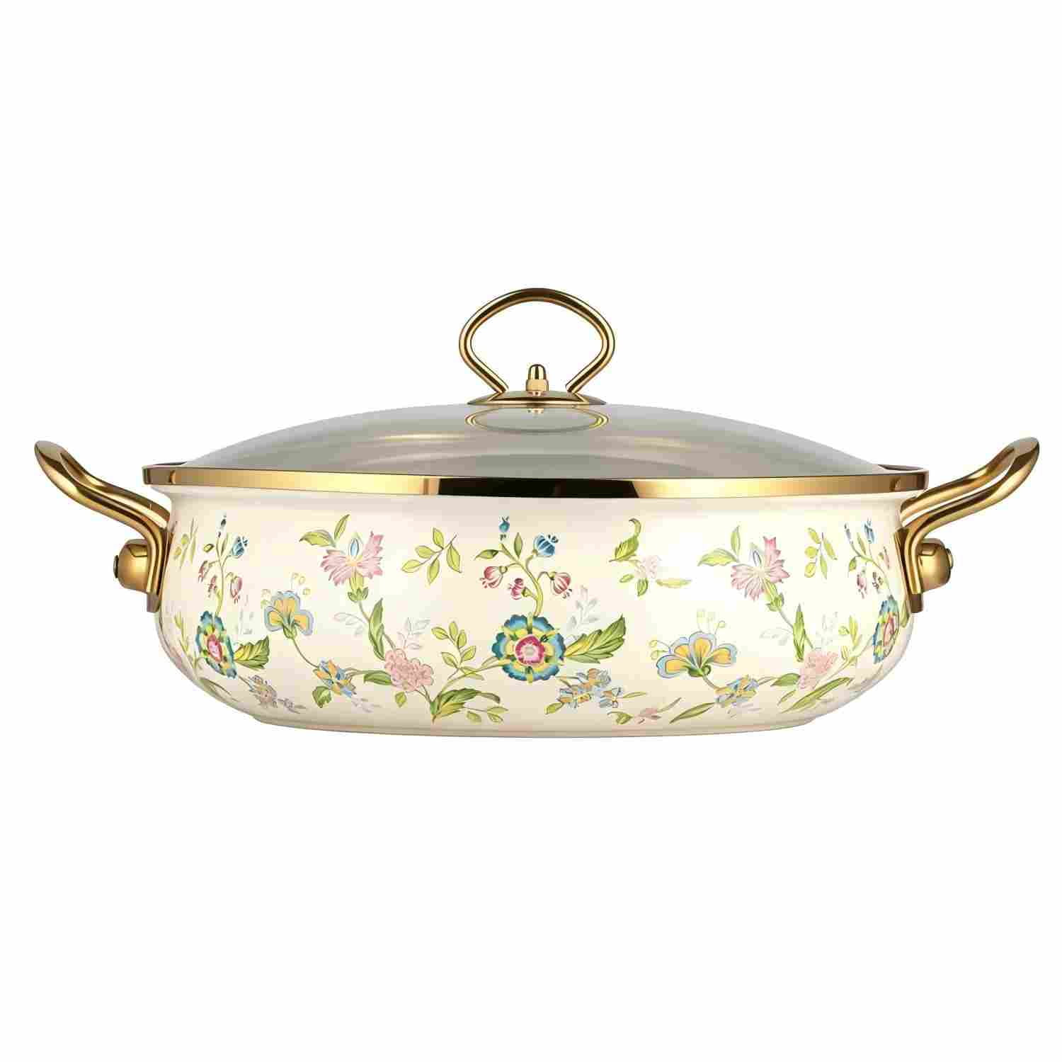 5.5Qt Enamel Stock Pot with Glass Lid – Vintage Floral Nonstick Soup Pot, Dual Handles, Oven Safe, Fast Heating for All Stovetops, Housewarming Gift, 9 Inch, Flower Enamel Cookware