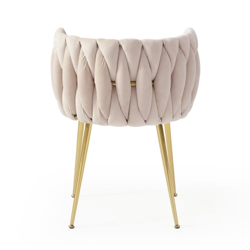 Set of 2 Modern Velvet Dining Chairs with Woven Backrest & Golden Metal Legs – Upholstered Accent Chairs for Dining Room, Kitchen, Living Room, Bedroom, Vanity, Beige