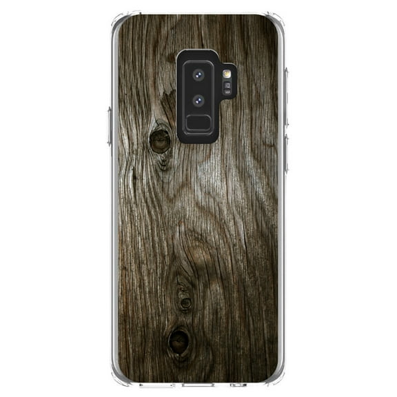 DistinctInk Clear Shockproof Hybrid Case for Samsung Galaxy S9  PLUS (6.2" Screen) - TPU Bumper, Acrylic Back, Tempered Glass Screen Protector - Brown Weathered Wood Grain Print - Printed Wood Image