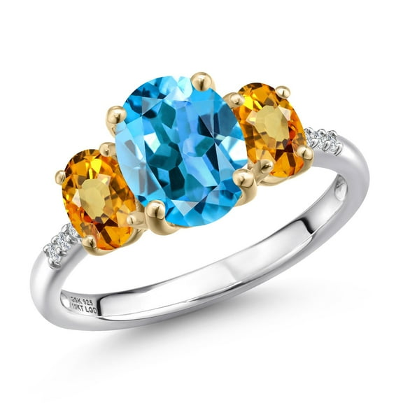 Gem Stone King 925 Silver and 10K Yellow Gold Swiss Blue Topaz and Yellow Sapphire and Lab Grown Diamond Engagement Ring for Women | 3.54 Cttw | Oval 9X7MM | November Birthstone | Size 5