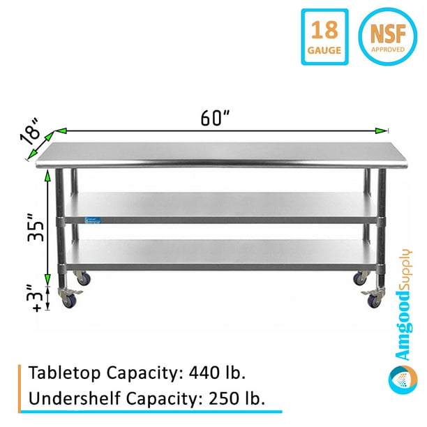 Amgood 60 Long X 18 Deep Stainless Steel Work Table With 2 Shelves And Wheels Commercial Residential Nsf Utility Metal Food Prep Station Com 18 Deep Stainless Steel Work Table, Food Prep Table Stainless Steel
