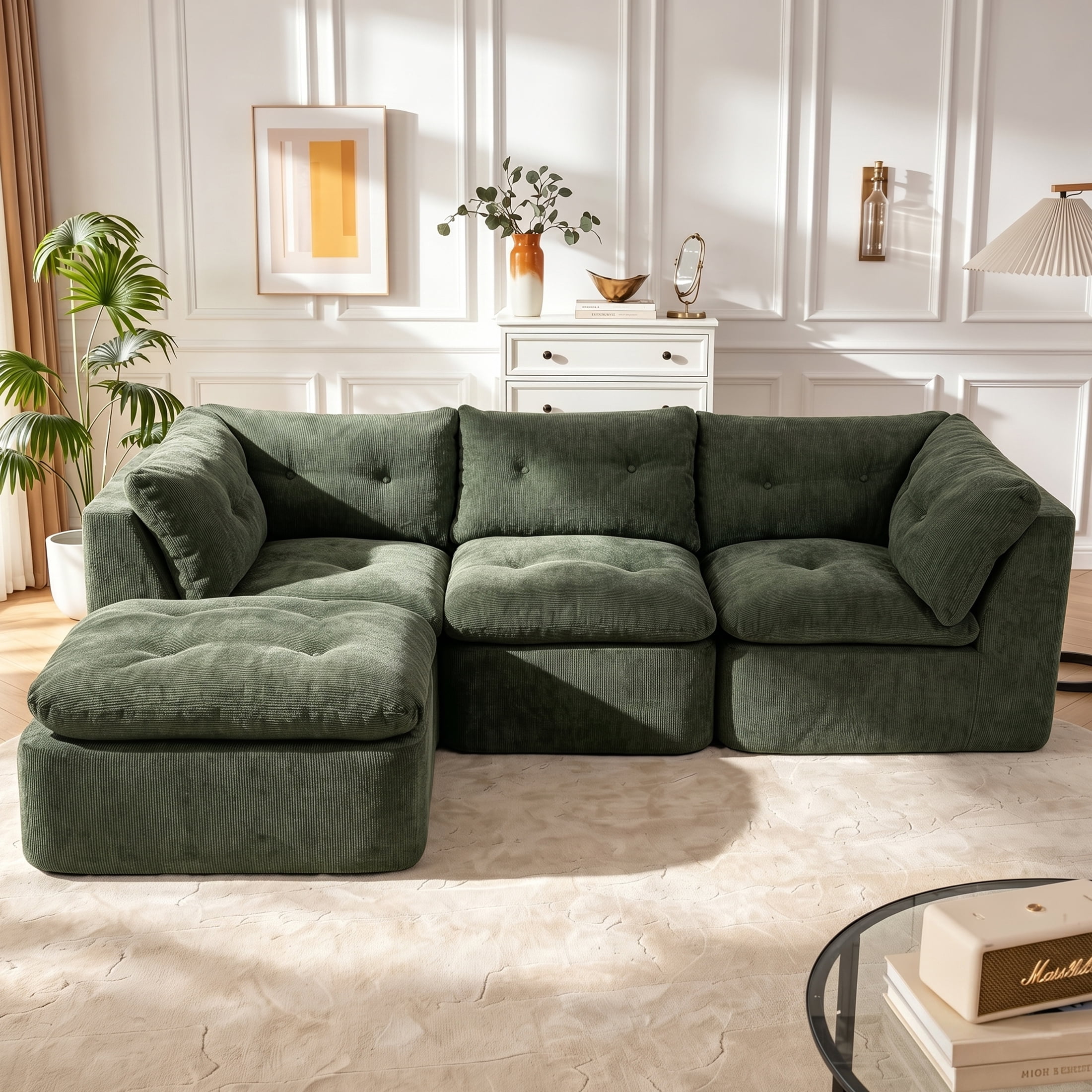 AISWORD Modular Sectional Sofa, Deep Seat Cloud Couch with Ottoman, 4-Seater Convertible L-Shaped Chenille Fabric Couch, Oversized Comfortable Frame-Free Set for Living Room, No Assembly, Green