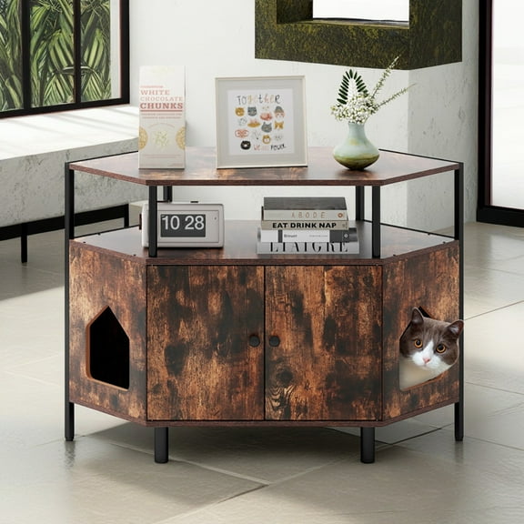 Pefilos 41" Large Hidden Cat Litter Box Enclosure Furniture with Shelf, Corner Wood Cat House Cat Washroom with 2 Entrances, Brown