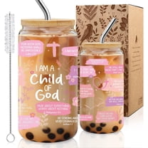 Christian Glass Cup Gifts for Women - 'I Am a Child of God', 16oz Coffee Cups with Lid & Straw, Daily Encouragement Present for Baptism, Birthday, Faith Religious Gift, Mothers Day Gifts for Mom -m9
